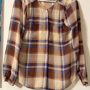 Joie Cream Plaid Button-Down Shirt with Blue & Brown Checks